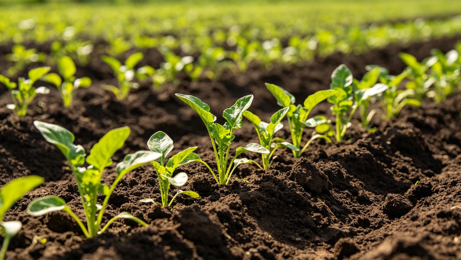 Young green crop seedlings growing neatly in fertile dark farm soil, agricultural planting field