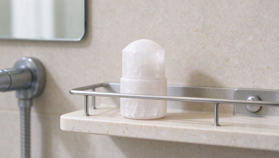 Alum crystal deodorant stick placed on bathroom stone shelf