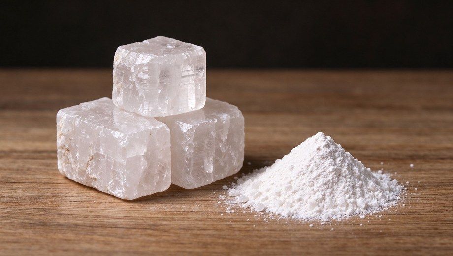 Transparent alum crystal blocks and fine white alum powder on wooden surface