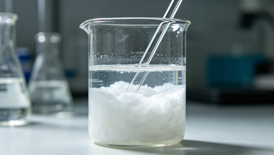 Beaker with white aluminum hydroxide precipitate formed during coagulation reaction in water treatment lab
