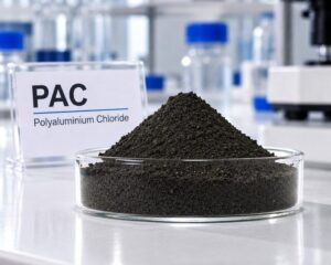 Black powder Basic Aluminium Chloride BAC, Polyaluminium Chloride PAC water treatment coagulant in lab petri dish