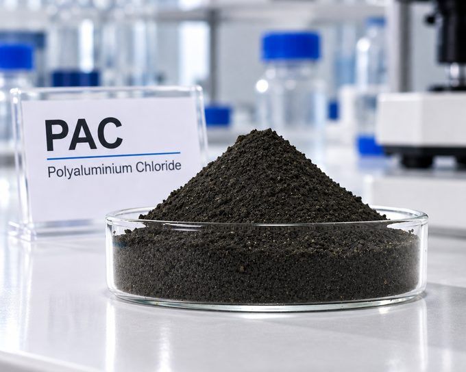 Black powder Basic Aluminium Chloride BAC, Polyaluminium Chloride PAC water treatment coagulant in lab petri dish