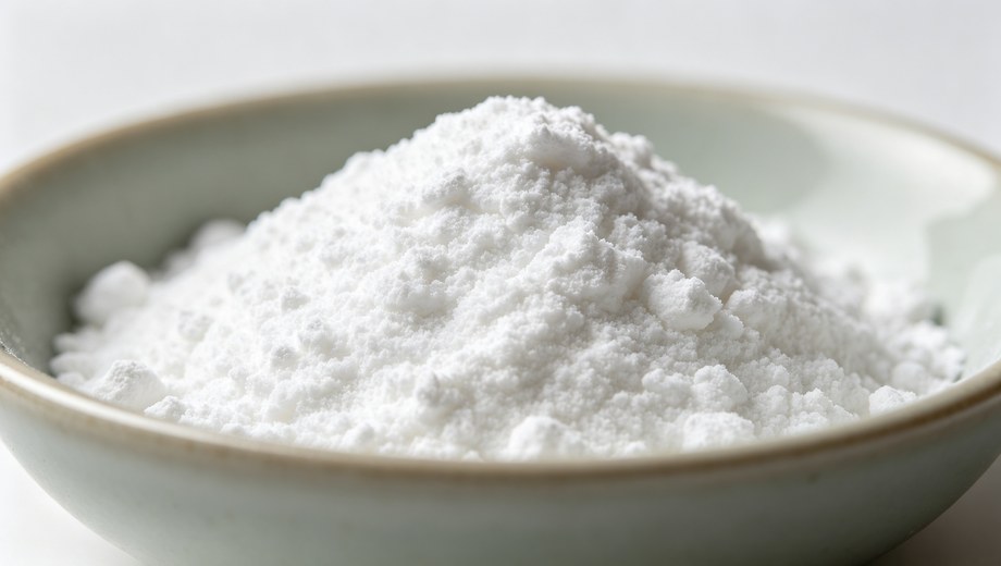 White porous calcined alum powder piled in ceramic bowl, water treatment chemical raw material