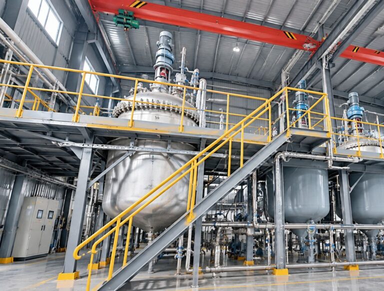 Stainless steel chemical reactors and integrated processing system with yellow safety railings, access stairs and overhead crane in modern factory workshop