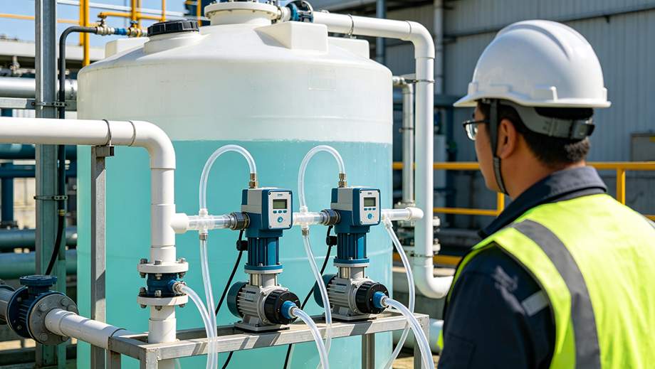 Worker inspecting water treatment chemical dosing system with metering pumps and storage tank
