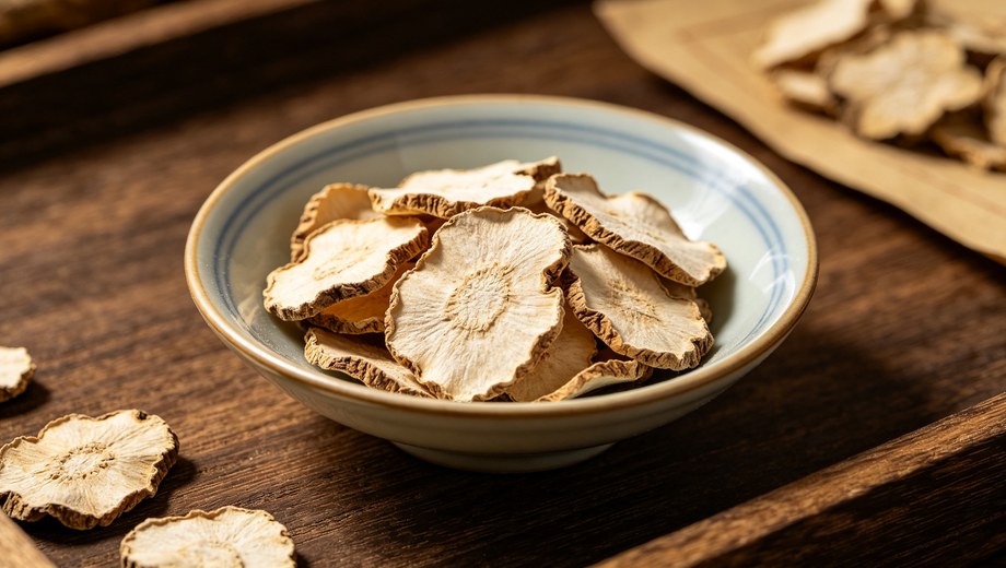 Dried pinellia herb root slices in ceramic bowl on wooden table, natural herbal raw material