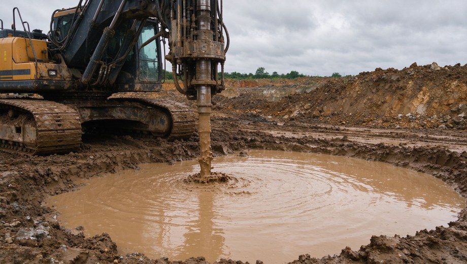 Rotary drilling rig working on construction site, bentonite slurry circulating in borehole