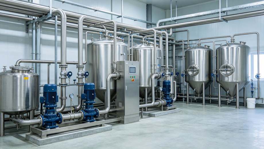 Food processing wastewater treatment system, polished stainless steel conical tanks, stainless piping, blue centrifugal pumps and PLC control cabinet inside clean food-grade workshop