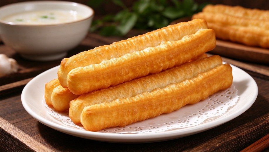 Golden fried dough sticks youtiao on white plate, classic Chinese breakfast with congee