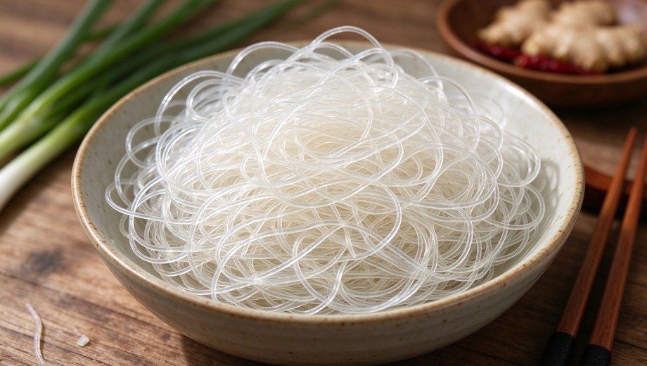 Raw glass vermicelli starch noodles in ceramic bowl on wooden table, Asian food ingredient