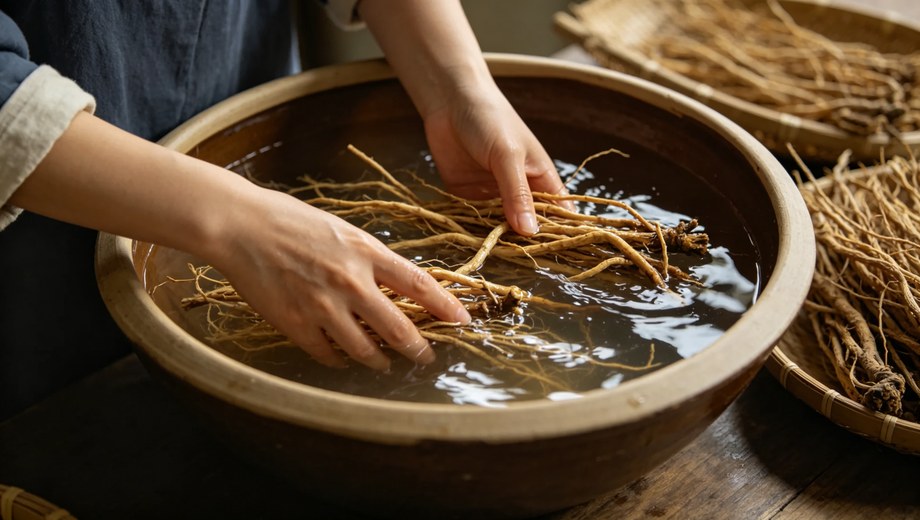 Hand soaking herbal roots in clay bowl, natural herbal raw material washing and processing