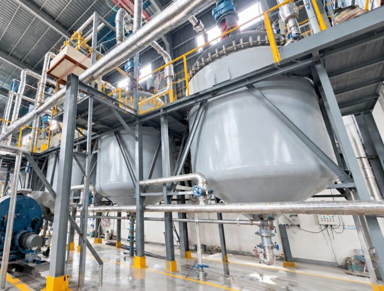Industrial chemical processing reactor tanks with extensive piping, valves and yellow safety guardrails on steel platform inside factory workshop