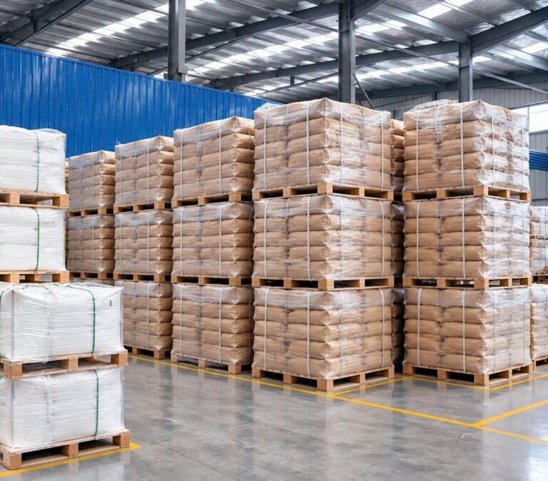 Neatly stacked palletized industrial chemical products wrapped in plastic film inside a spacious modern warehouse