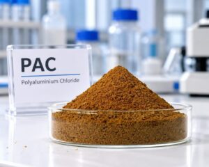 Industrial grade polyaluminium chloride PAC yellow brown powder in laboratory petri dish, water treatment coagulant