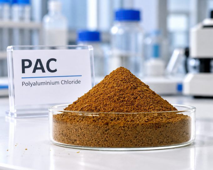 Industrial grade polyaluminium chloride PAC yellow brown powder in laboratory petri dish, water treatment coagulant