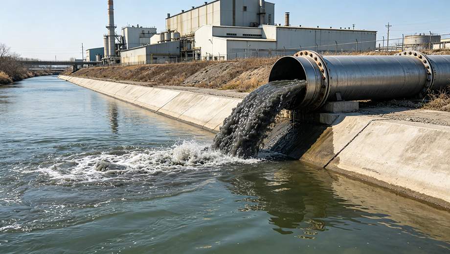 Industrial wastewater discharged from large pipeline into river, industrial water pollution and pollution control theme image