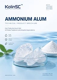 KolinSC Ammonium Alum technical product brochure cover, showing transparent ammonium alum crystals and white powder in glass dish