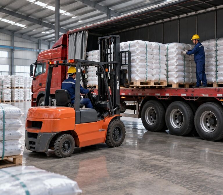 Workers with yellow safety helmets using forklift to load palletized packaged water treatment chemical bags onto red cargo truck inside KolinSC warehouse