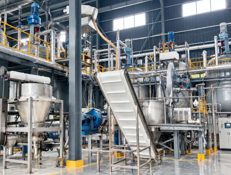 Full set of KolinSC chemical production equipment including reactors, screw conveyor, inclined belt elevator, hopper tanks and pipeline systems inside industrial factory workshop