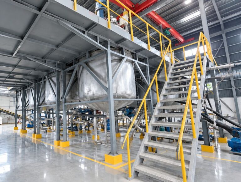 KolinSC automated chemical production line with stainless steel reactor tanks, piping system, yellow safety railings and stair platform in clean industrial workshop