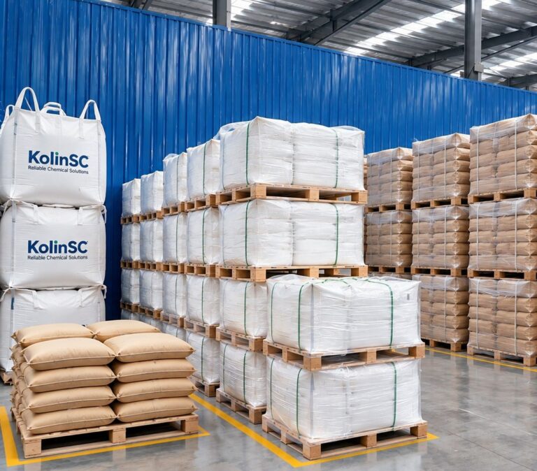 Factory chemical storage warehouse with mixed pallets of KolinSC jumbo FIBC bags, wrapped white sack packs and kraft chemical bags arranged neatly
