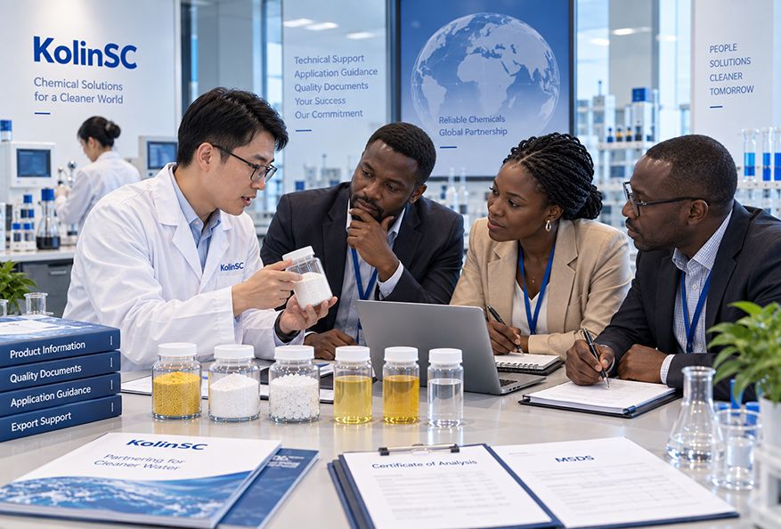 KolinSC technical specialist in lab coat introduces water treatment chemical samples to global clients in laboratory meeting, sample bottles, COA and MSDS documents on table