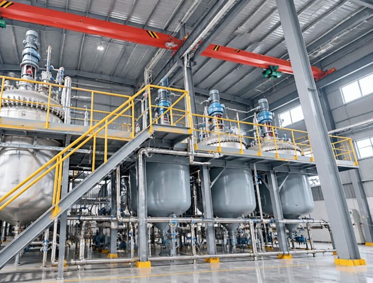 Modern KolinSC chemical production workshop with stainless steel reaction kettles, pipeline systems, yellow safety handrails and overhead cranes for manufacturing water treatment chemicals
