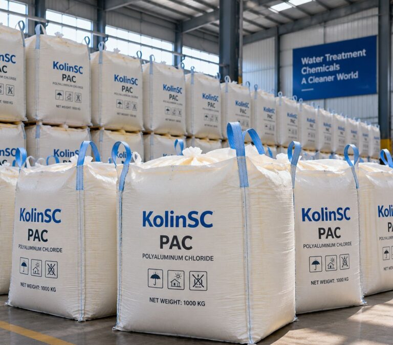 1000KG KolinSC PAC polyaluminum chloride FIBC bulk jumbo bags neatly arranged inside factory warehouse, water treatment coagulant