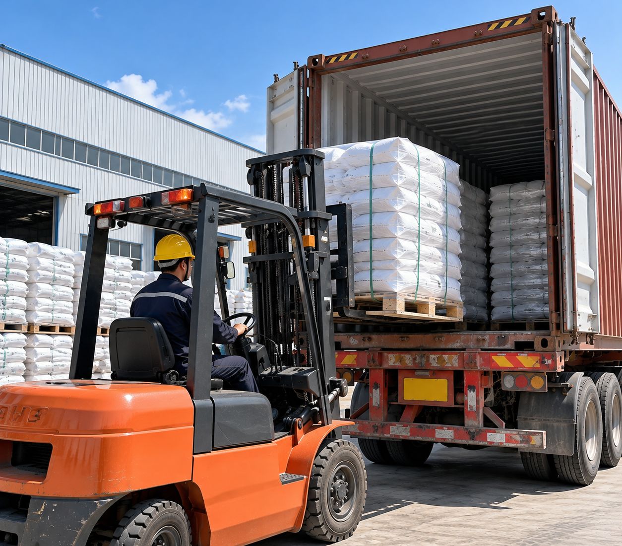 Forklift operator loading palletized PAC and PAM water treatment chemical bags into shipping container at factory yard