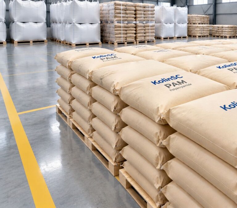 Palletized KolinSC PAM polyacrylamide kraft bags in clean warehouse, bulk water treatment flocculant storage