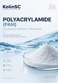 KolinSC Polyacrylamide (PAM) technical product brochure cover with white powder in glass dish and water ripple background
