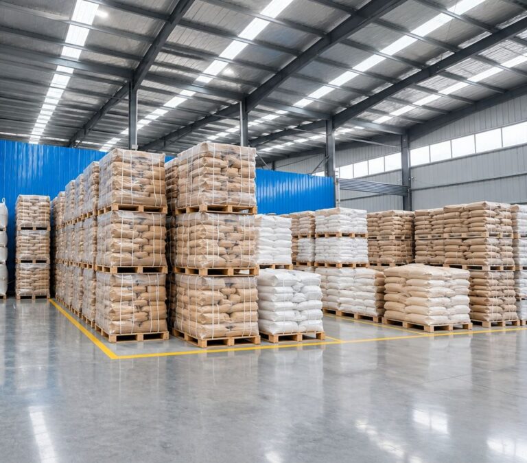 Large clean KolinSC warehouse with neatly stacked pallets of packaged water treatment chemical bags, organized bulk chemical inventory