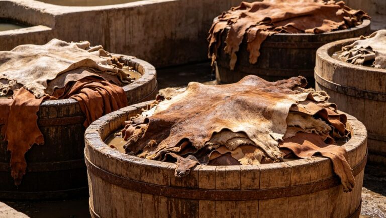 Traditional leather tanning workshop, raw animal hides soaking in large wooden tanning vats for alum tanning processing