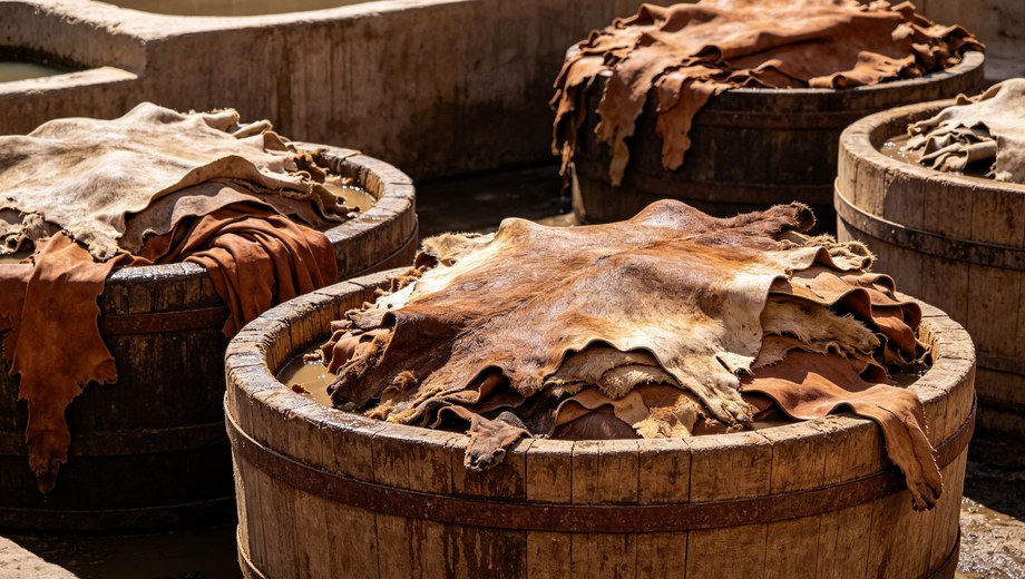 Traditional leather tanning workshop, raw animal hides soaking in large wooden tanning vats for alum tanning processing