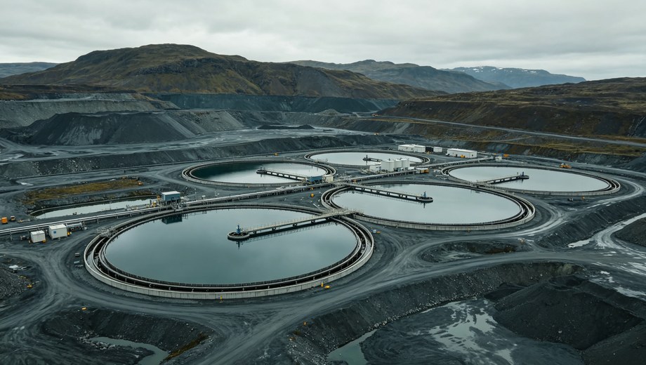 Aerial view of mining wastewater treatment plant with large circular sedimentation ponds, mine spoil piles and mountain backdrop