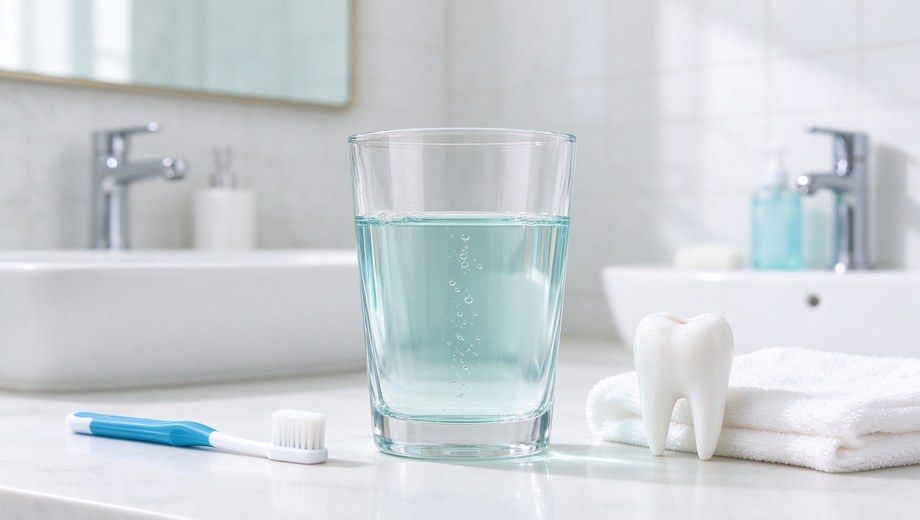 Oral care still life: glass of mouthwash, toothbrush, tooth model and folded towel on bathroom countertop