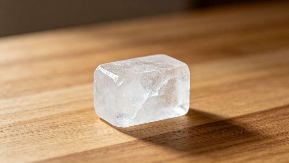 Natural alum crystal deodorant stone on wooden table, transparent potassium alum block for body care