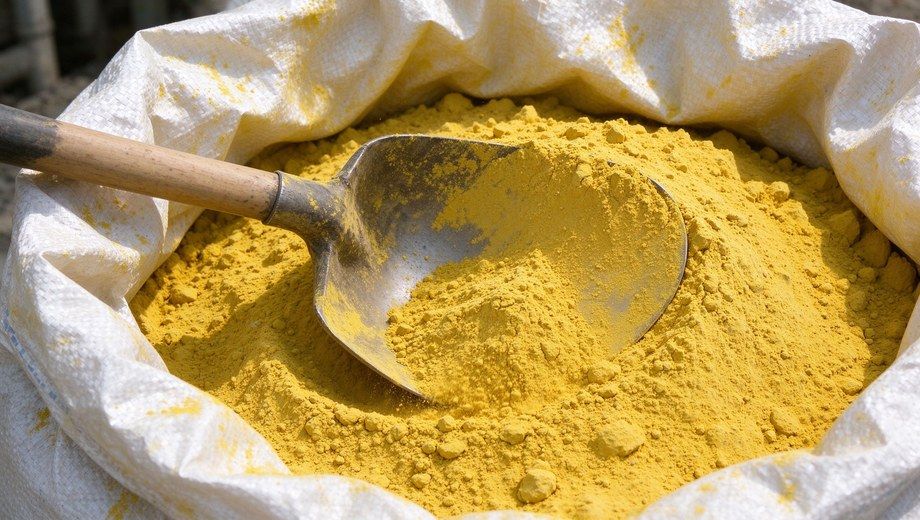 Yellow PAC polyaluminium chloride powder in woven industrial bag with shovel, water treatment chemical