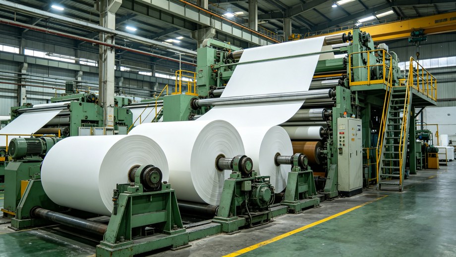 Paper mill production line, large industrial paper machine producing big white paper rolls inside factory workshop
