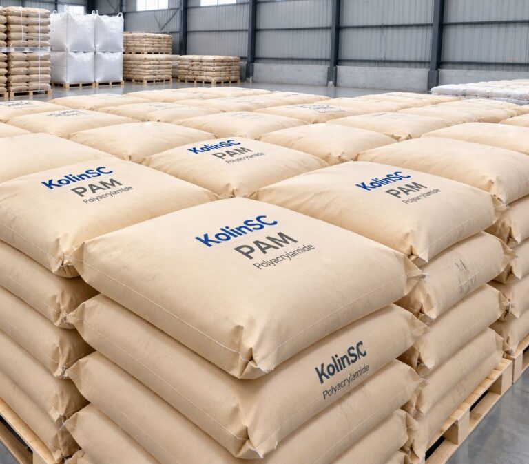 Stacked KolinSC PAM polyacrylamide bags on wooden pallets inside warehouse, water treatment flocculant product storage