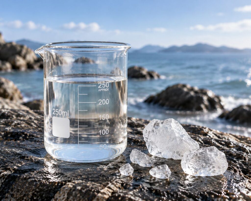 Potassium alum crystal and solution sample used for water treatment, natural deodorant and shaving care applications