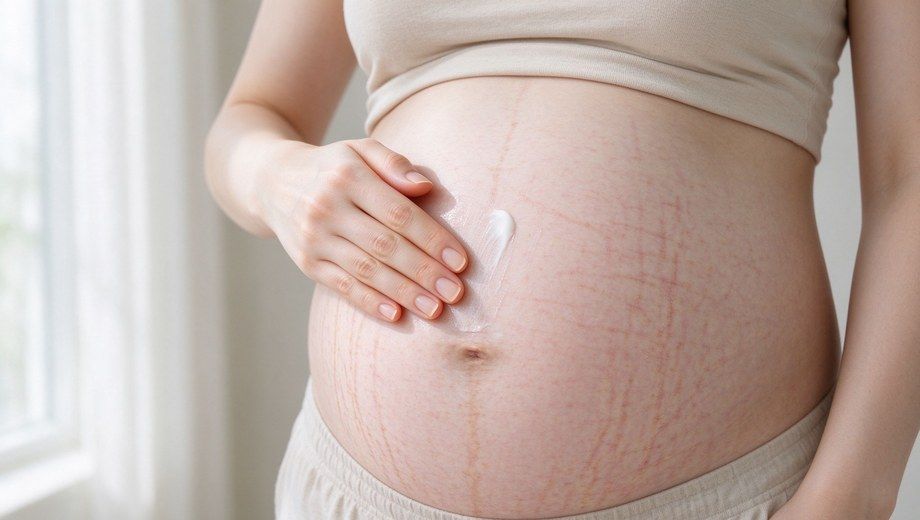 Pregnant woman applies skincare cream on belly with stretch marks, pregnancy skin care