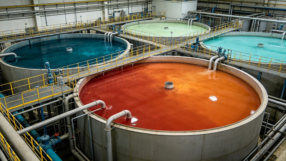 Industrial textile dyeing wastewater treatment plant with large circular sedimentation tanks containing colorful dyed wastewater, pipelines and safety railings