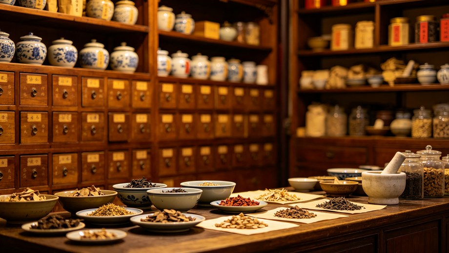 Interior view of traditional Chinese medicine pharmacy with wooden herb cabinets, assorted dried herbs and stone mortar on counter