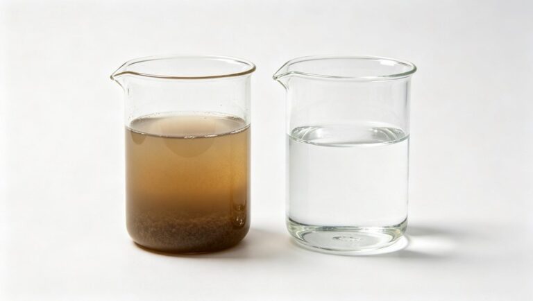Side-by-side comparison of two glass beakers, one with turbid brown raw water with sediment, one with clear purified water, water treatment effect demonstration