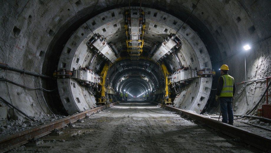 Underground tunnel construction scene with shield machine and construction worker wearing safety helmet and reflective vest
