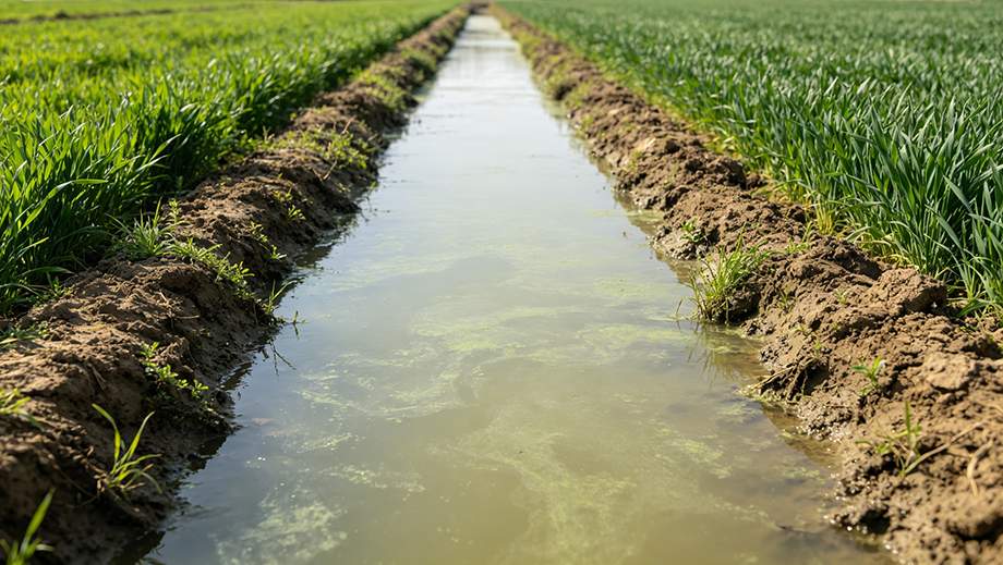 Agricultural irrigation ditch with turbid algae water beside crop field, farm water pollution treatment case