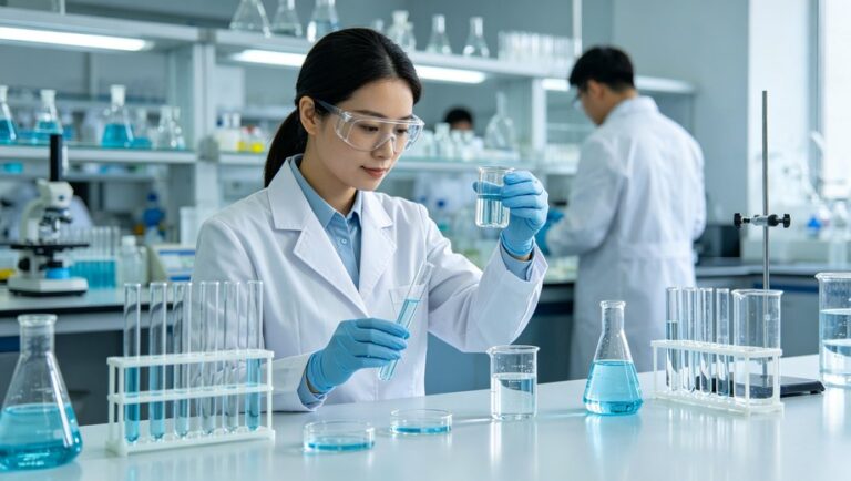 Female lab technician in safety goggles, gloves and white lab coat testing water samples with glassware inside modern water quality laboratory