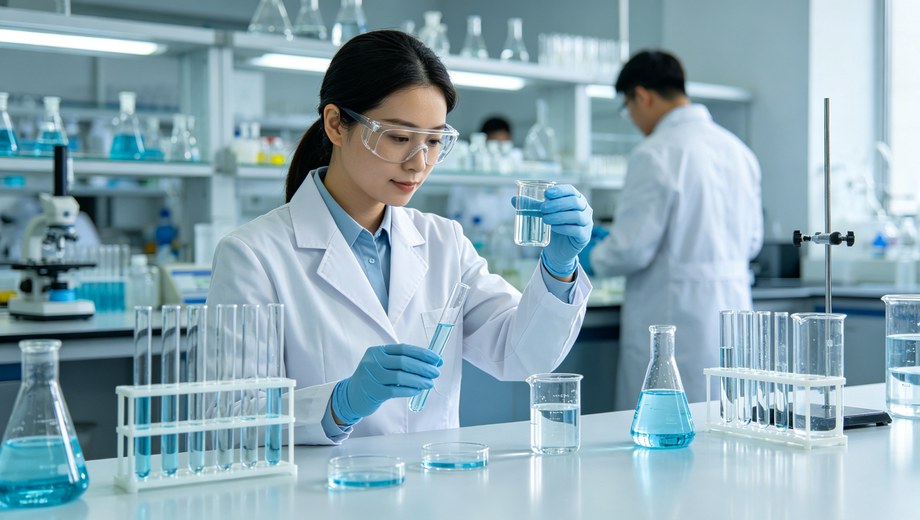 Female lab technician in safety goggles, gloves and white lab coat testing water samples with glassware inside modern water quality laboratory