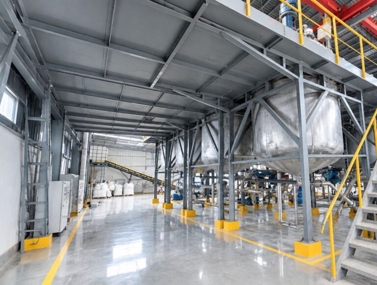 Modern water treatment chemical production workshop, stainless steel reaction mixing tanks, industrial piping and steel platform with safety railings